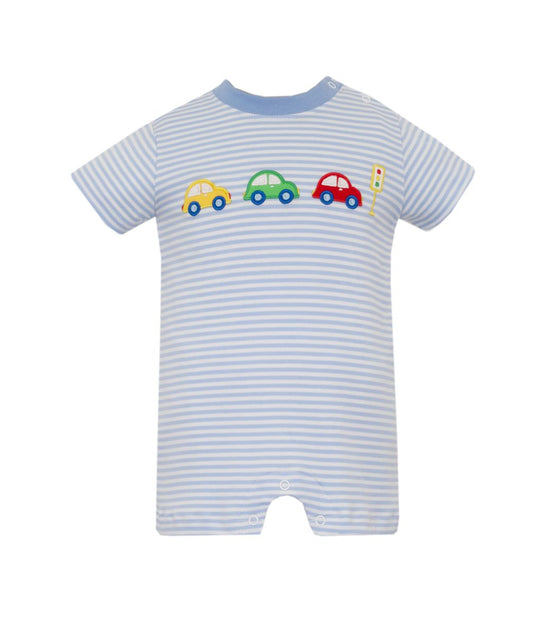 Claire & Charlie CARS - Blue knit stripe boy's short romper - Persnickety Shop