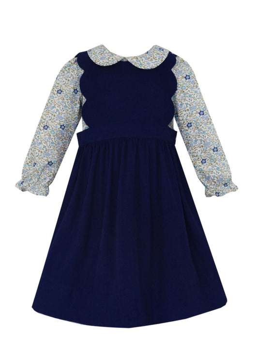 Claire & Charlie Navy blue corduroy scalloped jumper w/ navy blue floral blouse L/S SET - Persnickety Shop