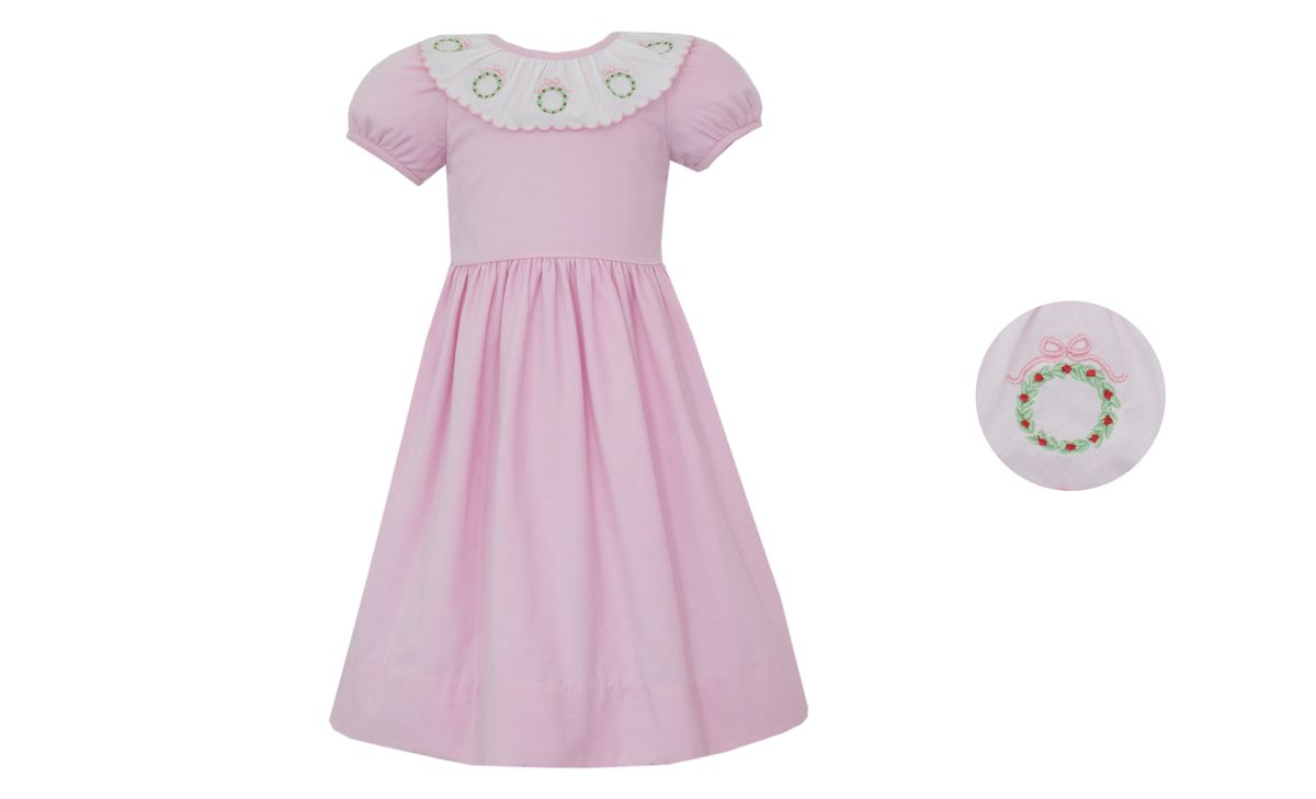 Claire and Charlie pink corduroy dress w/ embroidered wreaths around white ruffle S/S - Persnickety Shop