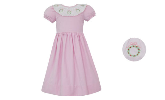 Claire and Charlie pink corduroy dress w/ embroidered wreaths around white ruffle S/S - Persnickety Shop