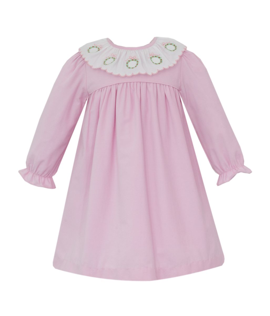 Claire & Charlie Pink corduroy float w/ embroidered wreaths around white ruffle collar - Persnickety Shop