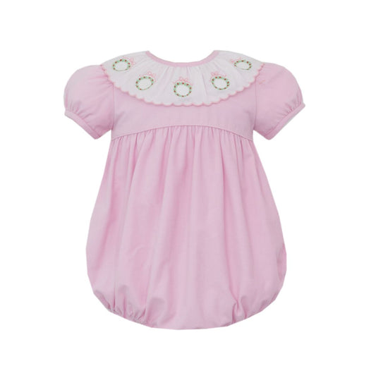 Claire & Charlies Pink corduroy girl's short bubble w/ embroidered wreaths around white ruffle S/S - Persnickety Shop