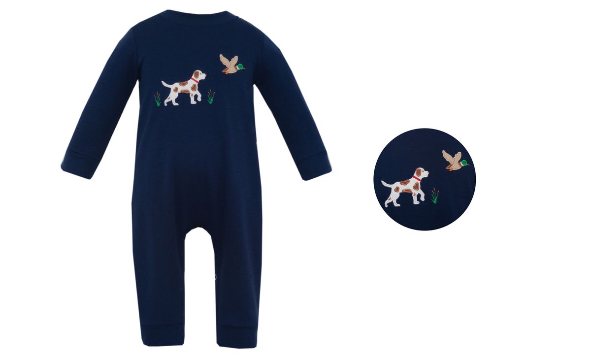 Claire & Charlie HUNTING DOG - Navy blue knit boy's long romper L/S - Persnickety Shop