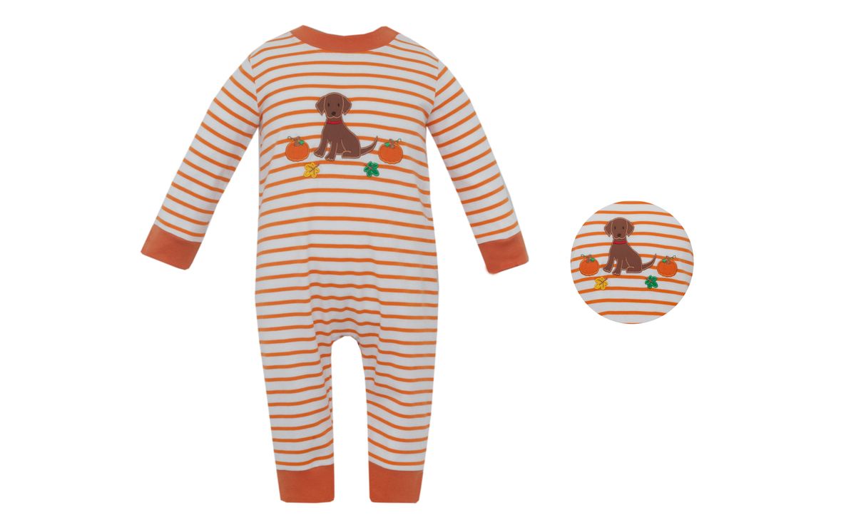Claire & Charlie FALL PUPPY - Orange knit stripe boy's long romper L/S - Persnickety Shop