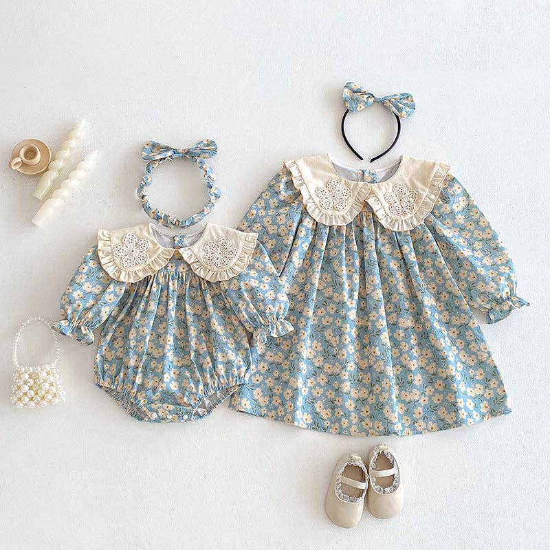 Spring Floral Print Long-Sleeved Romper and Dress Matching Headband: 2 / Dress - Persnickety Shop