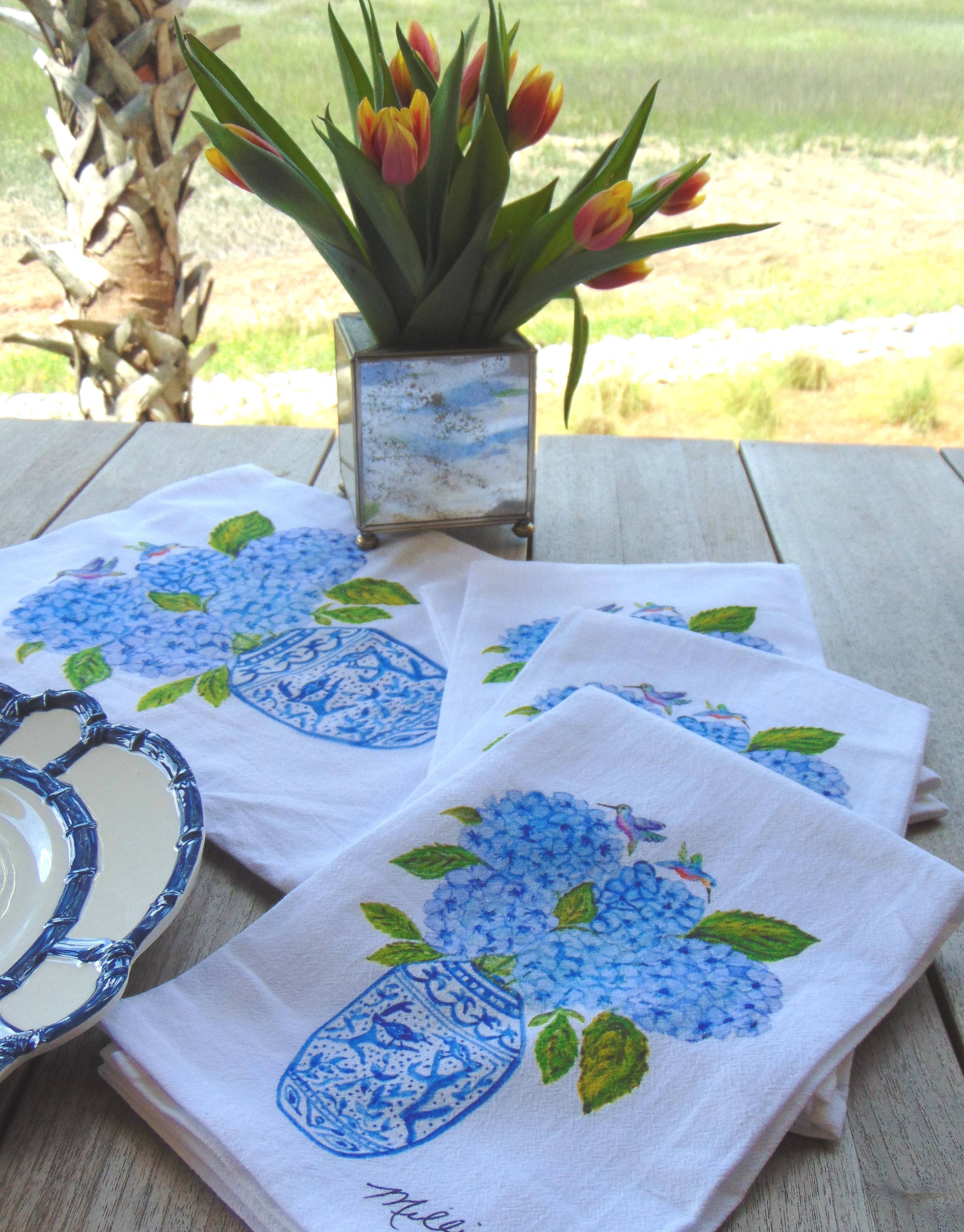 Limited Edition Hydrangea Hummingbird White Flour Sack Towel - Persnickety Shop