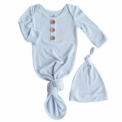 Ice Blue Bamboo Waffle Newborn Baby Knot Gown & Hat Set - Persnickety Shop