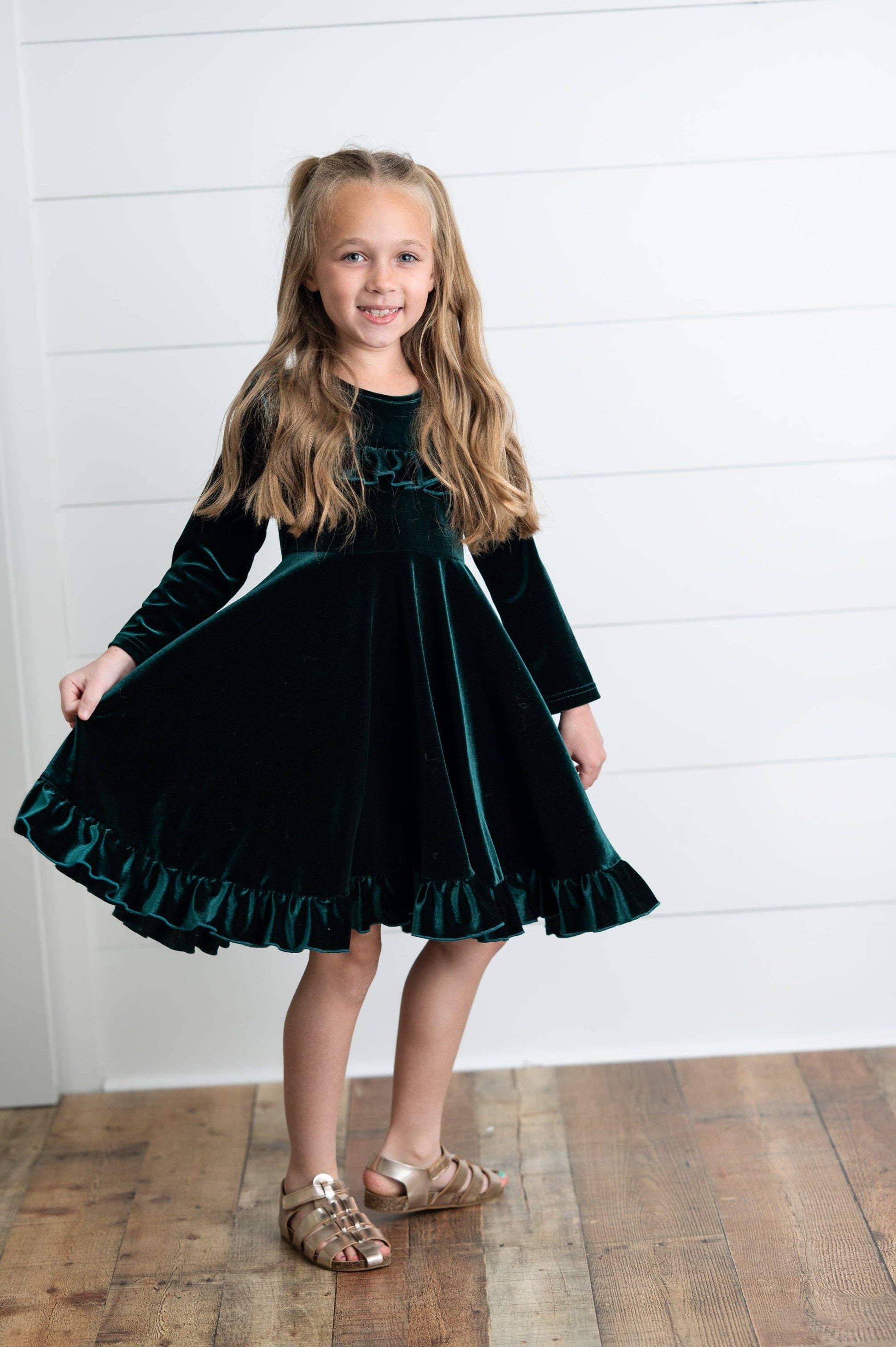 Kids Emerald Green Velvet Ruffle Fancy Christmas Party Dress: 5/6 - Persnickety Shop