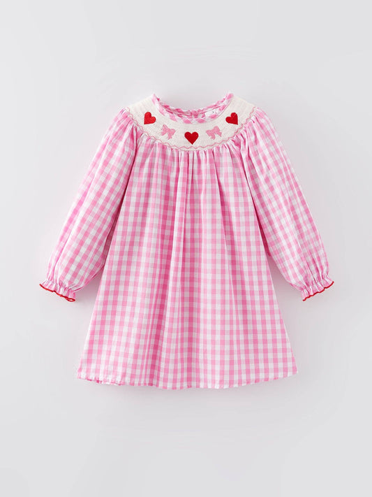Valentine's Day Heart Bow Smocking Embroidered Pink Dress: 2 - Persnickety Shop
