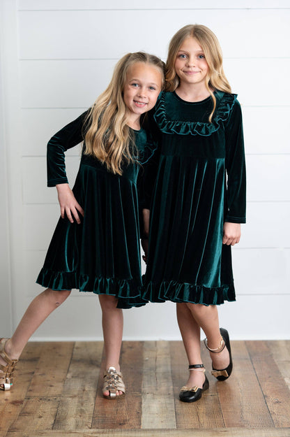 Kids Emerald Green Velvet Ruffle Fancy Christmas Party Dress: 5/6 - Persnickety Shop