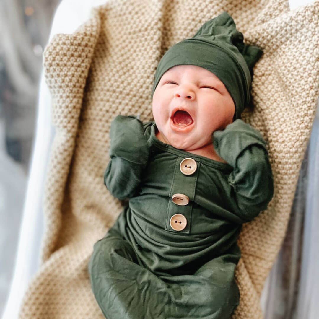 Solid Olive Bamboo Baby Knot Gown & Hat: Newborn / 7-14lbs+ - Persnickety Shop