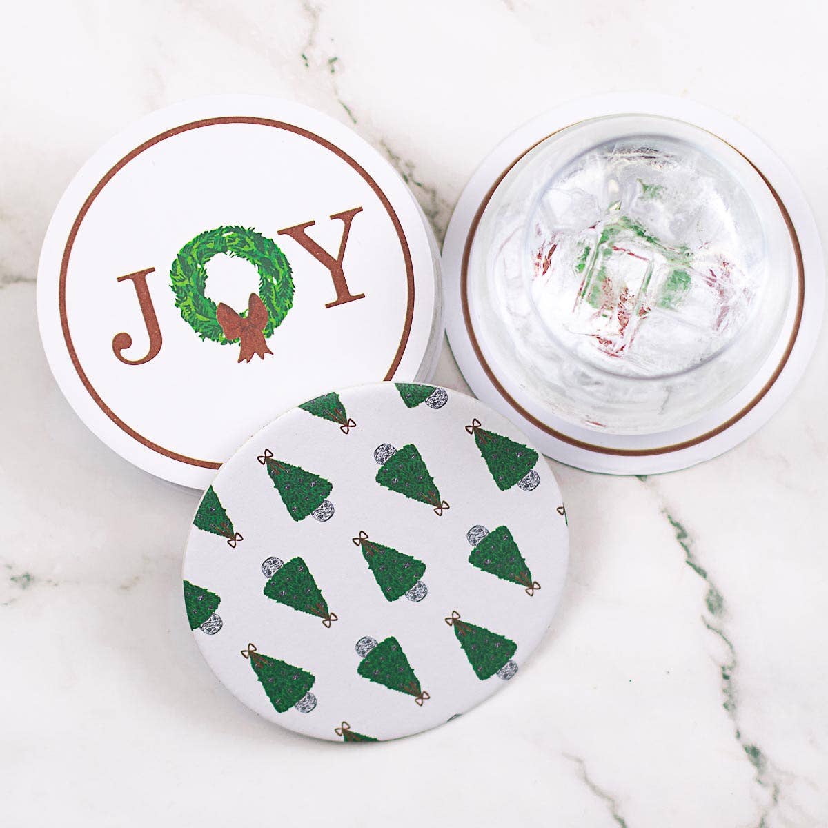 Joy Wreath Reversible Paper Coasters   Red/Green   4x4   Set of 20 - Persnickety Shop