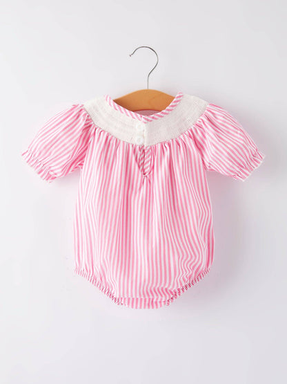 Girls Stripe Cake Smocking Embroidered Pink Romper: 6M - Persnickety Shop