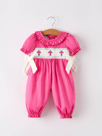 Pink Smocked Church Christ Bishop Christening Bow Baby Girl Romper: 3M - Persnickety Shop