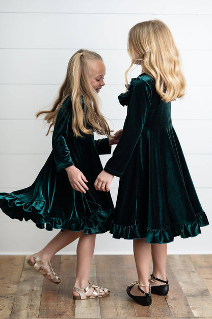 Kids Emerald Green Velvet Ruffle Fancy Christmas Party Dress: 5/6 - Persnickety Shop