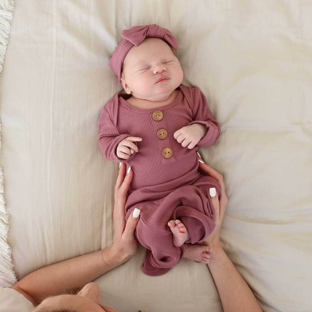 Boysenberry Bamboo Waffle Newborn Baby Knot Gown & Hat Set - Persnickety Shop