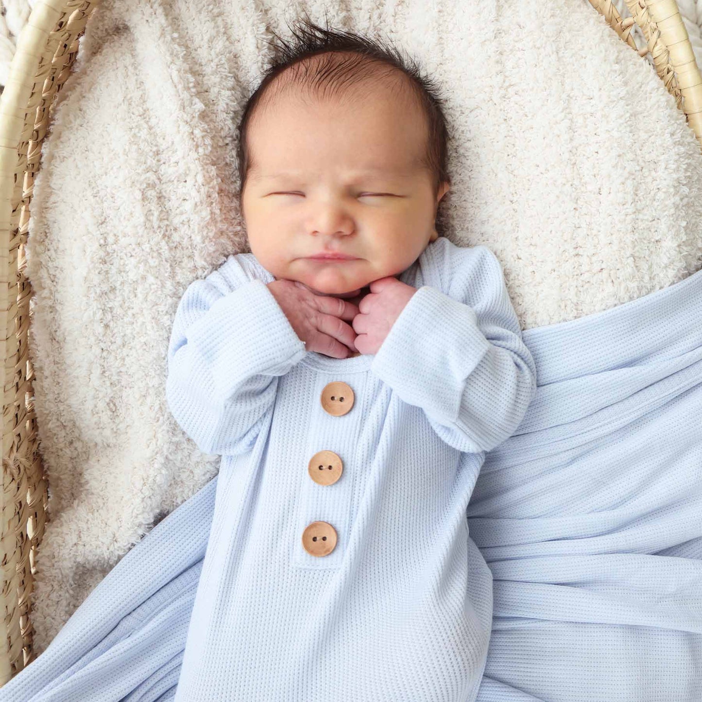 Ice Blue Bamboo Waffle Newborn Baby Knot Gown & Hat Set - Persnickety Shop