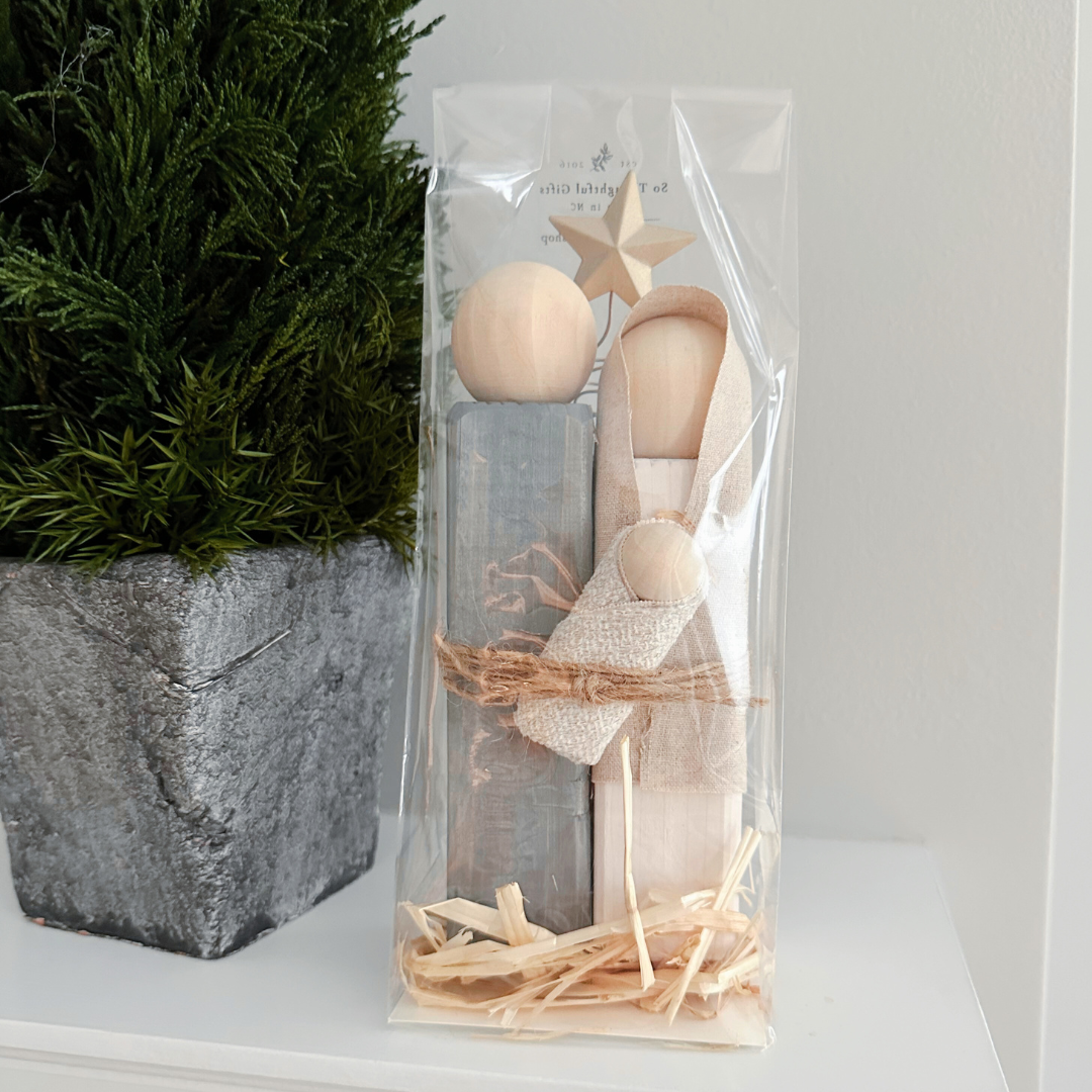 Simple Wooden Nativity Set | Hand-painted | Gift Wrapped: Gray & White - Persnickety Shop