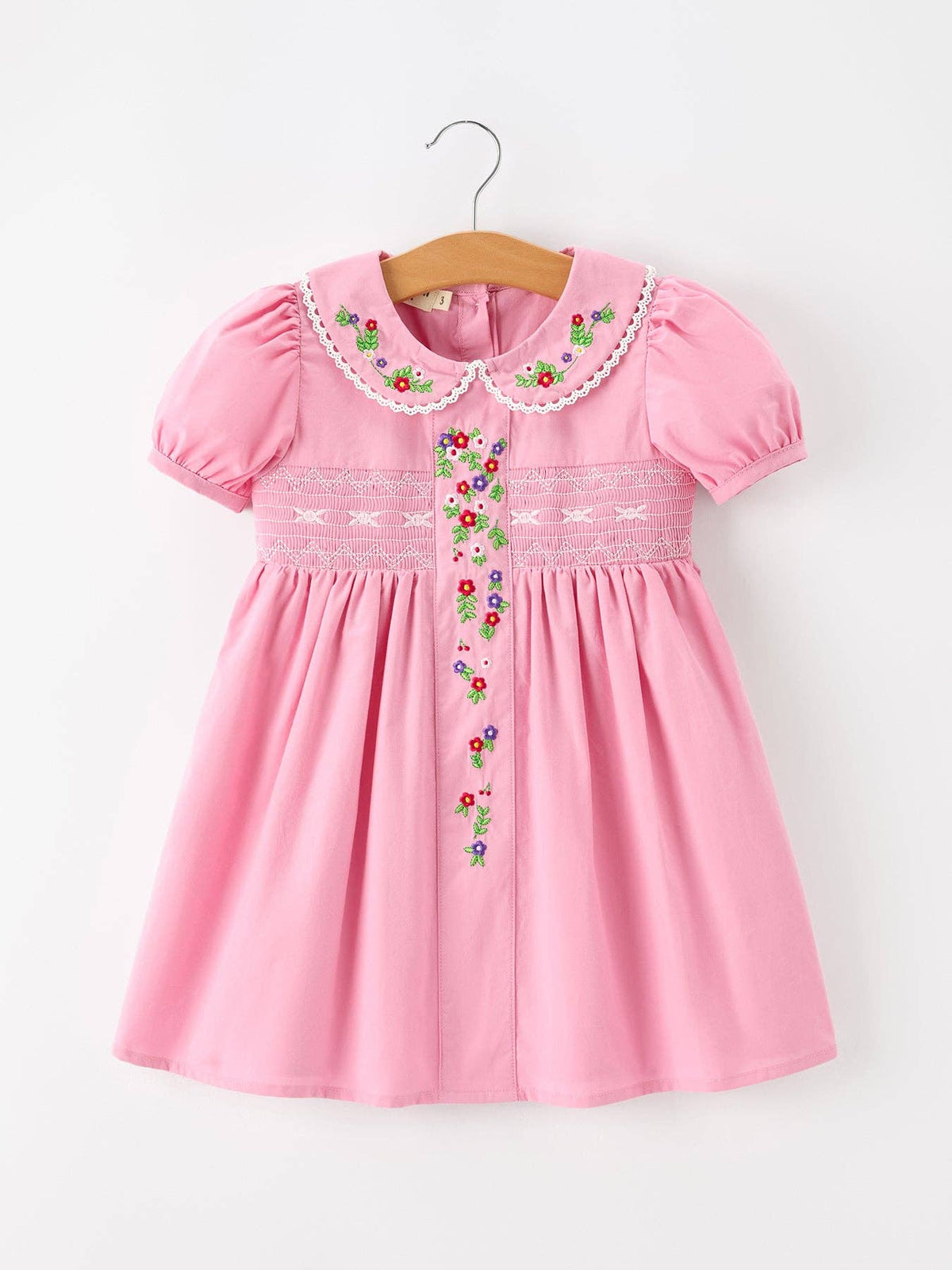 Fall Girls Pink Floral Embroidered Smocked Peter Pan Collar Dress: 3