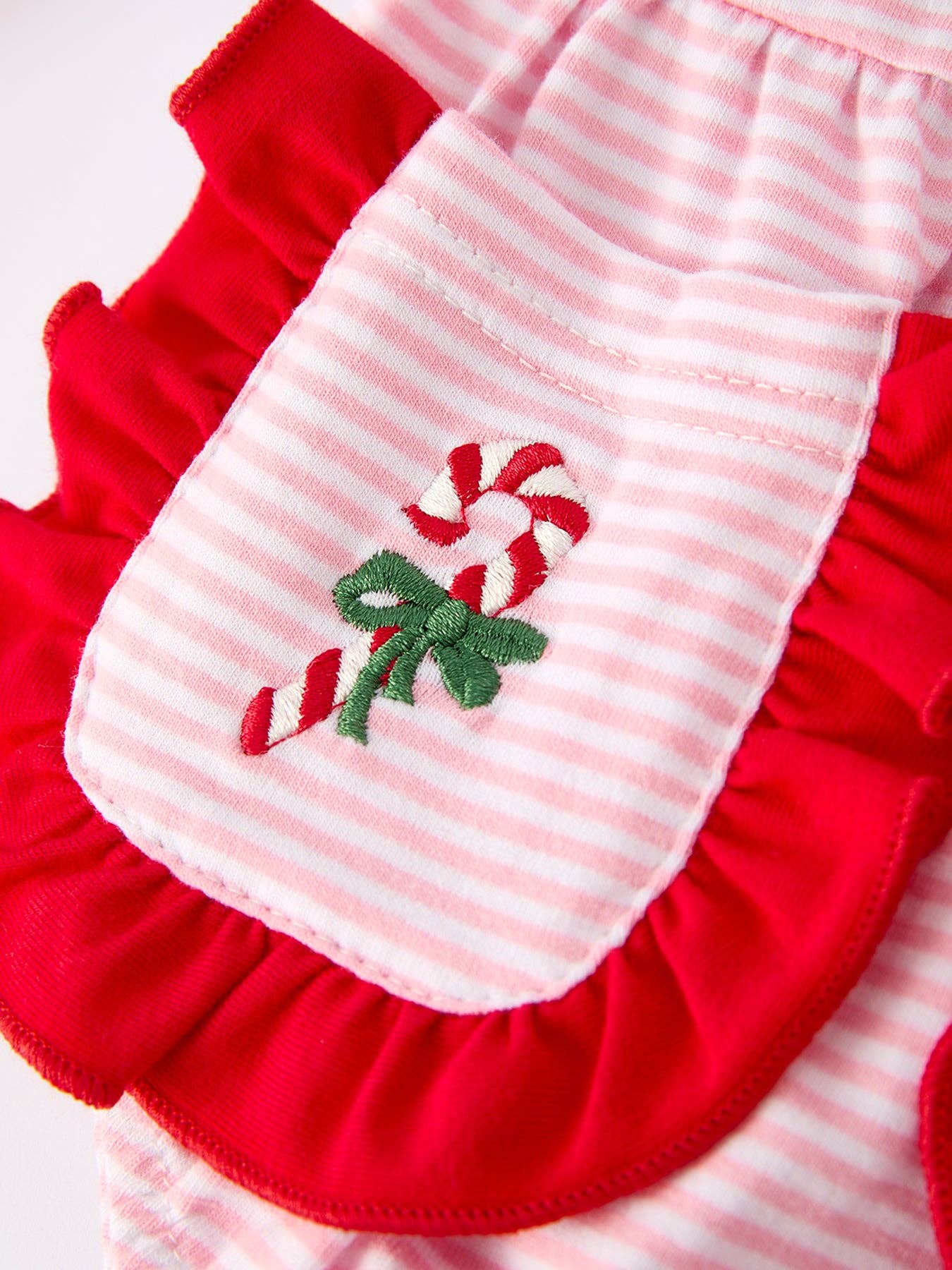 Christmas Candy Cane Embroidery Striped Baby Girl Romper with Pocket Ruffles: 3M - Persnickety Shop