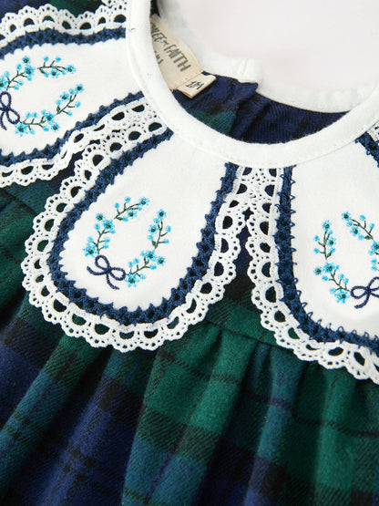 Christmas Girls Green & Navy Plaid Embroidered Bloomer Set: 6M