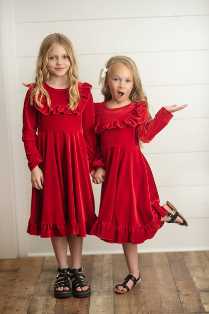 Kids Red Velvet Ruffle Fancy Winter Christmas Party Dress: 10/12 - Persnickety Shop