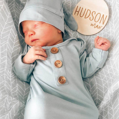 Solid Light Dusty Blue Bamboo Knot Gown & Hat: Newborn / 7-14lbs+ - Persnickety Shop