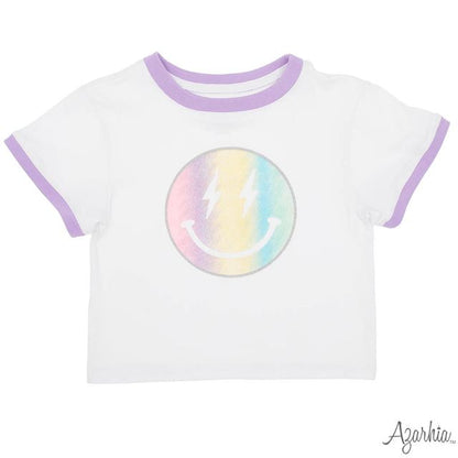 Azarhia Glitter Pastel Rainbow Smiley Ringer Boxy Tee