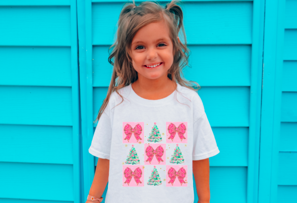YOUTH Retro Watercolor Christmas Checker Coquette Tee Kids : YOUTH XS - Persnickety Shop