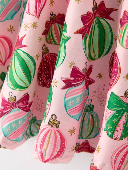 Christmas Girls Holiday Ornament Print Twirl Dress