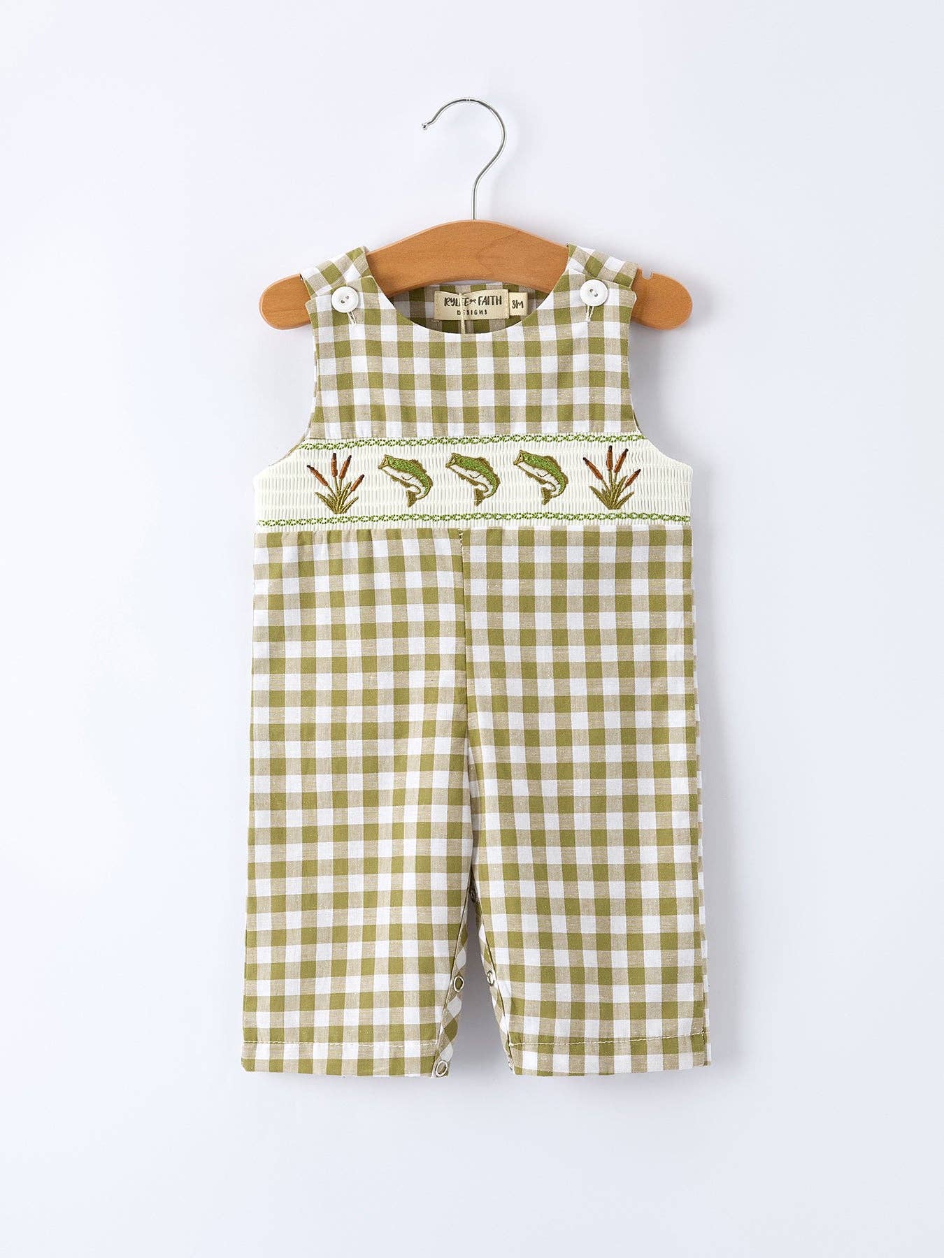 Green Plaid Fish Embroidered Smocked Baby Boy Romper: 3M - Persnickety Shop
