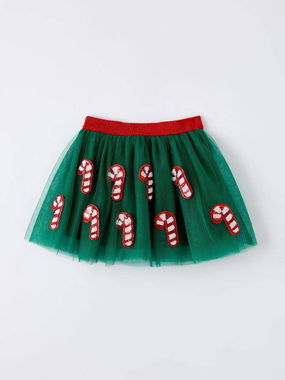 Christmas Candy Cane Sequin Applique Green Tulle Skirt: 2 - Persnickety Shop