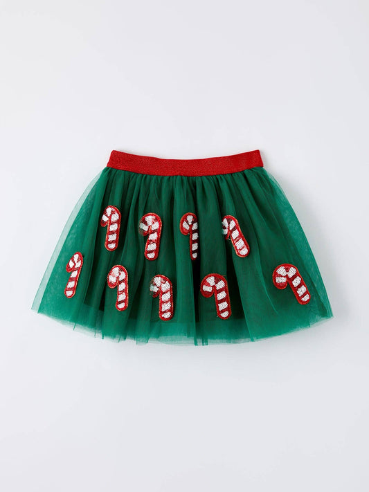 Christmas Candy Cane Sequin Applique Green Tulle Skirt: 2 - Persnickety Shop