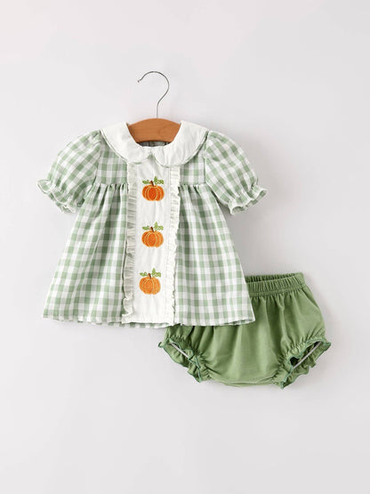 Fall Halloween & Thanksgiving Applique Plaid Girls Bloomers Romper Set: 12M