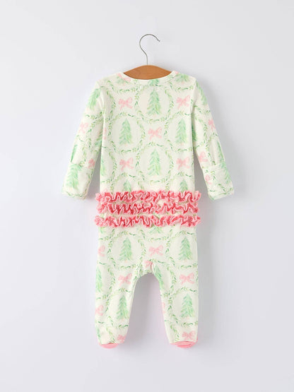 Christmas Tree Wreath Print Long Sleeve Zip Baby Girls Romper: 12M - Persnickety Shop