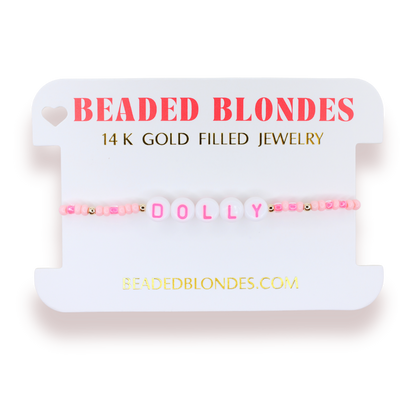 Dolly Word Bracelet on Pink Sprinkle: Standard 6.75 Inch