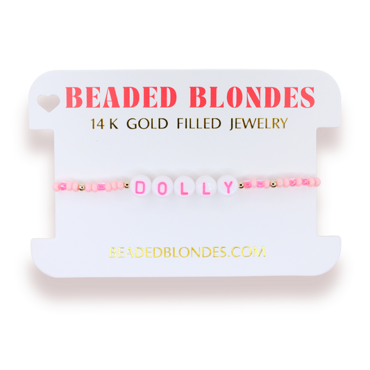 Dolly Word Bracelet on Pink Sprinkle: Standard 6.75 Inch
