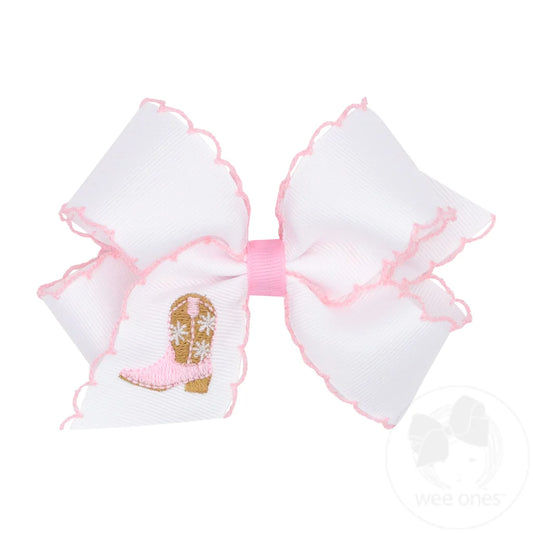 Wee Ones King Moonstitch Medium Grosgrain Hair Bow with Moonstitch Edge and Pink Cowgirl Boot Embroidery - Persnickety Shop