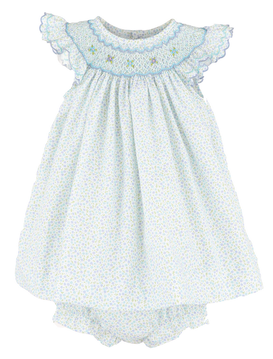 Luli & Me Smocked Miniflowers Feston Bishop Dress Blue - Persnickety Shop