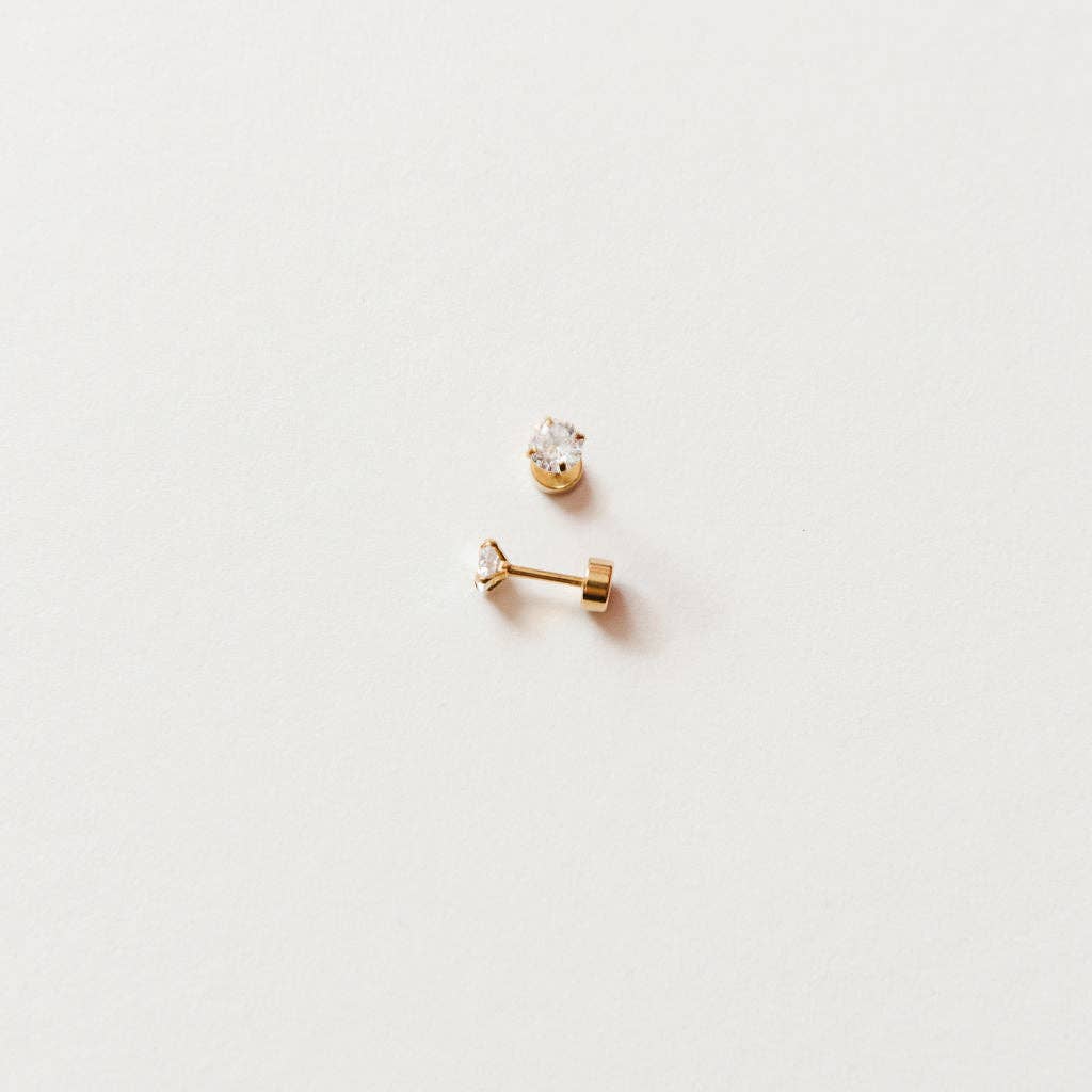 Diamond Stud Earrings - Hypoallergenic, Flat Back, Girl Gift: Gold