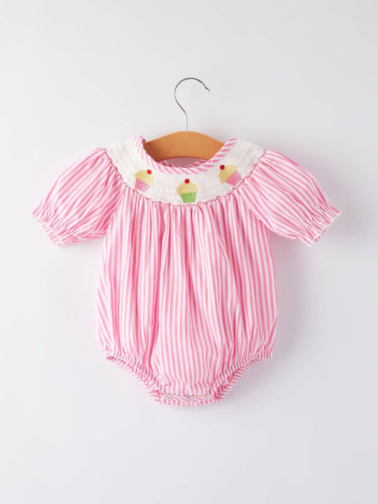 Girls Stripe Cake Smocking Embroidered Pink Romper: 6M - Persnickety Shop