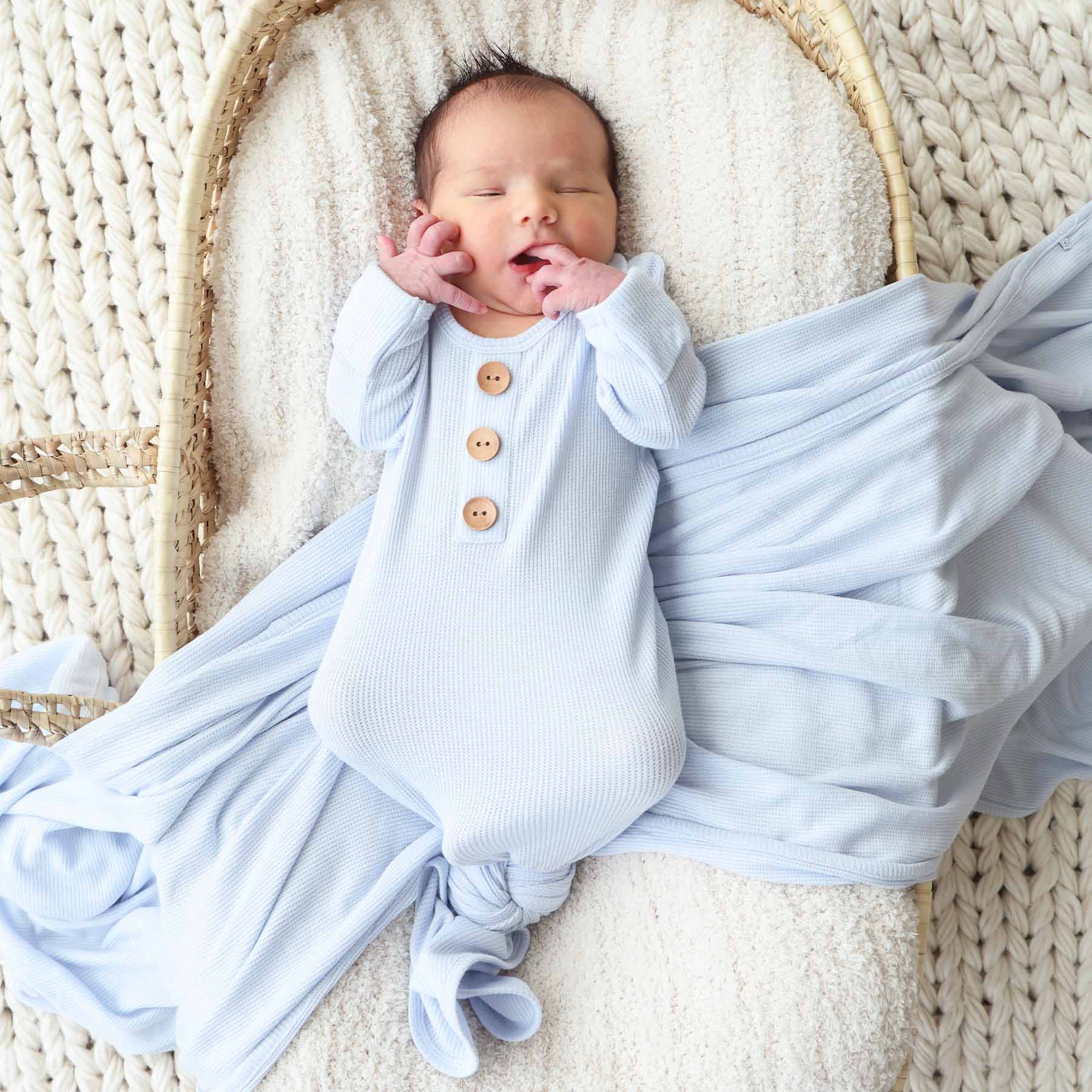 Ice Blue Bamboo Waffle Newborn Baby Knot Gown & Hat Set - Persnickety Shop