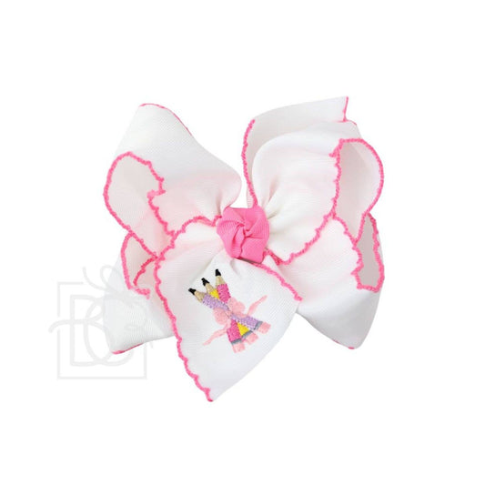 Embroidered Pencils Crochet Edge Bow: 5.5" Huge