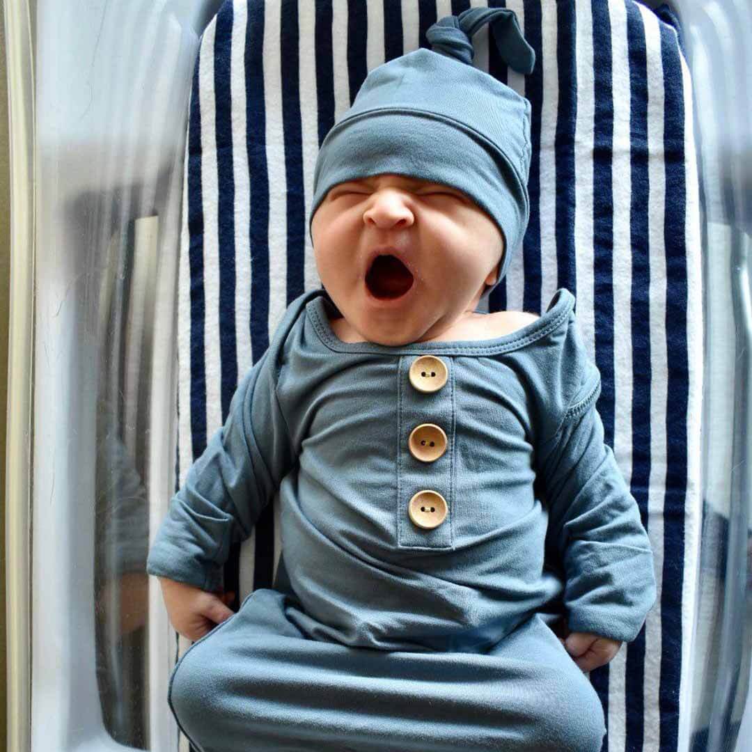 Solid Dusty Blue Bamboo Baby Knot Gown & Hat: Newborn / 7-14lbs+ - Persnickety Shop