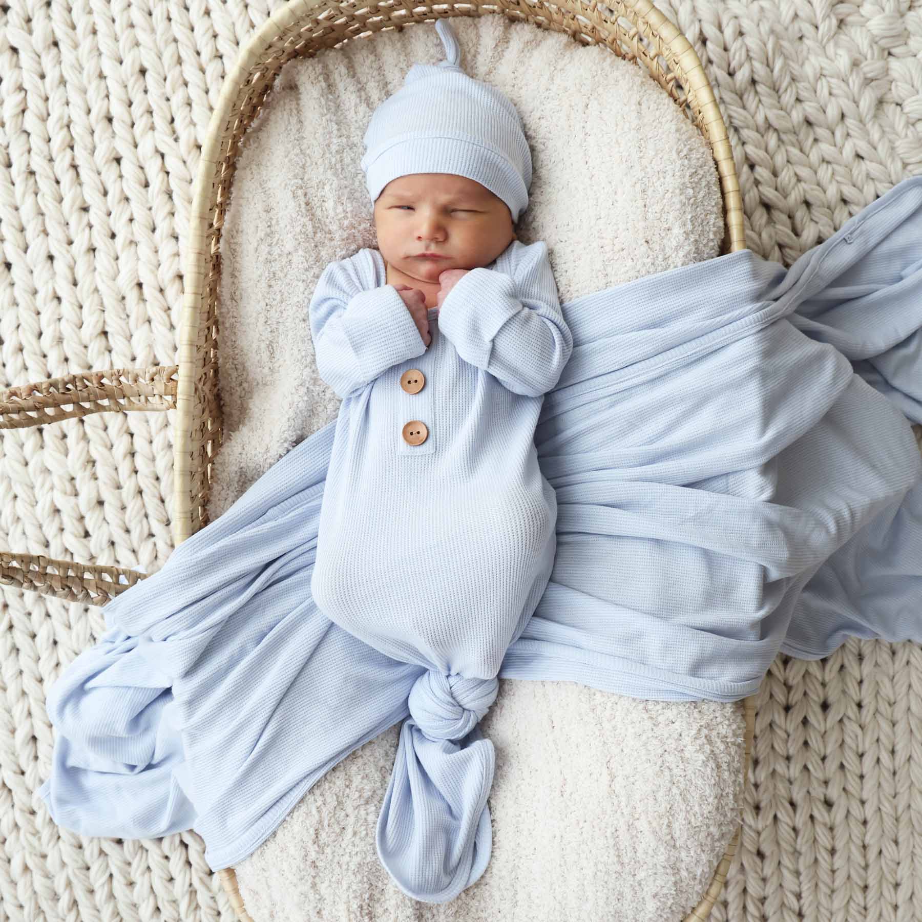Ice Blue Bamboo Waffle Newborn Baby Knot Gown & Hat Set - Persnickety Shop