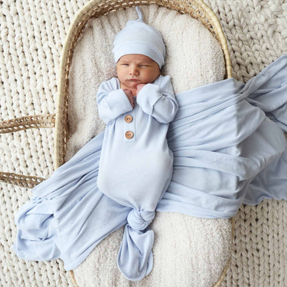 Ice Blue Bamboo Waffle Newborn Baby Knot Gown & Hat Set - Persnickety Shop