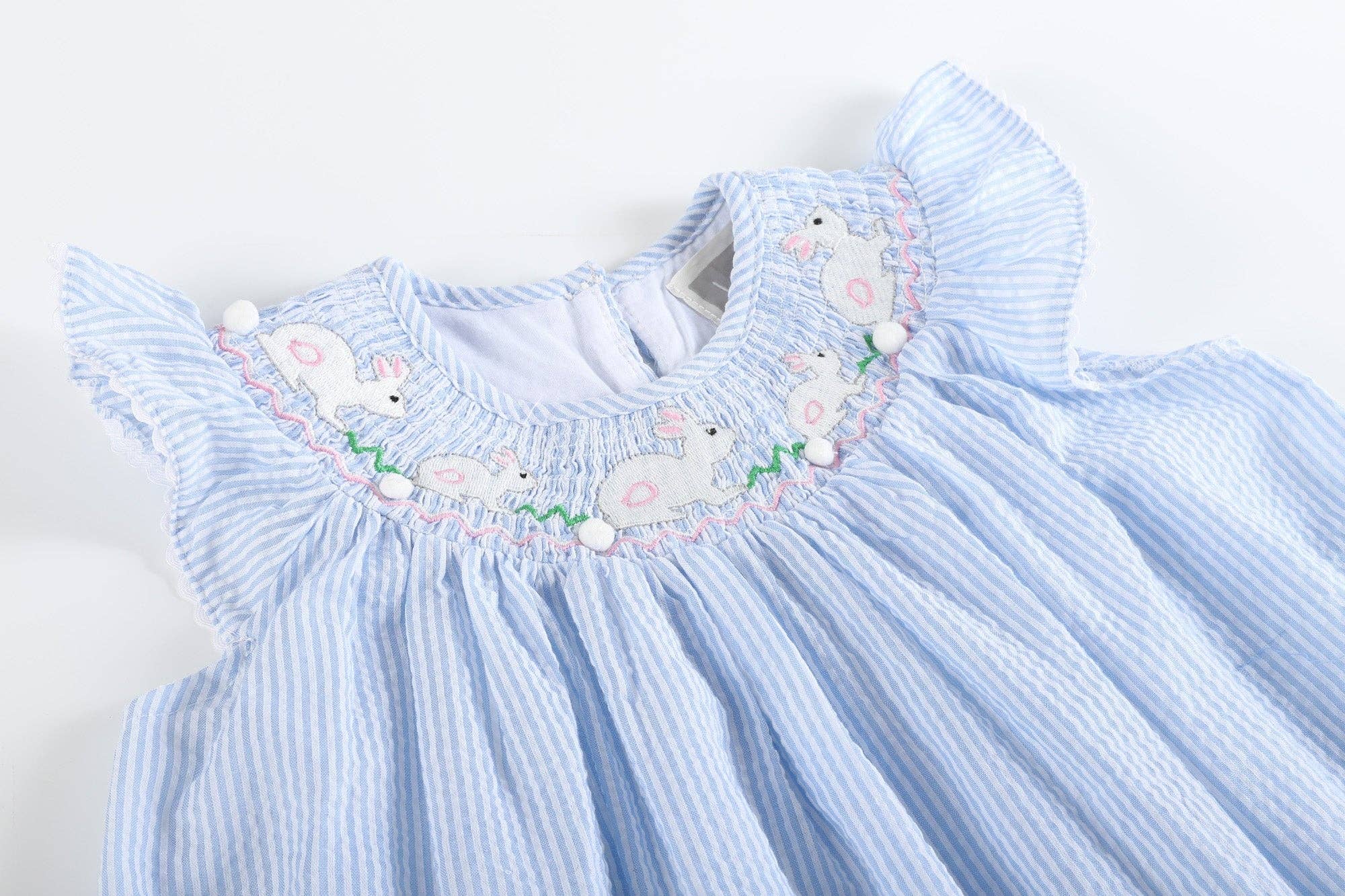 Blue Seersucker Easter Bunny Smocked Bishop Dress