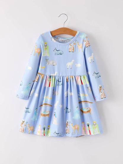 Winter Christmas Nativity Print Girls Long Sleeve Dress: 3 - Persnickety Shop