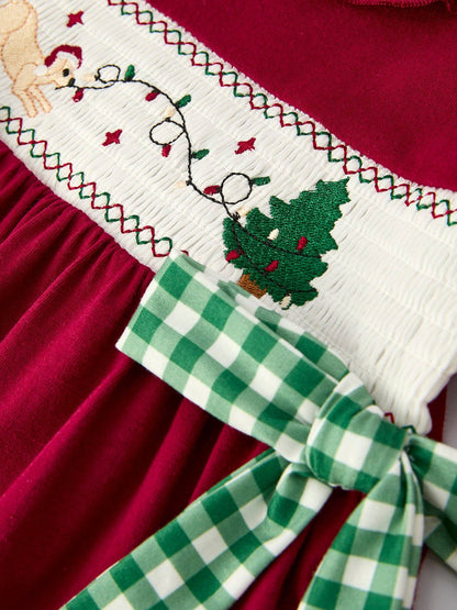 Christmas Smocking Embroidered Girls Dress with Green Plaid Bow: 4 - Persnickety Shop