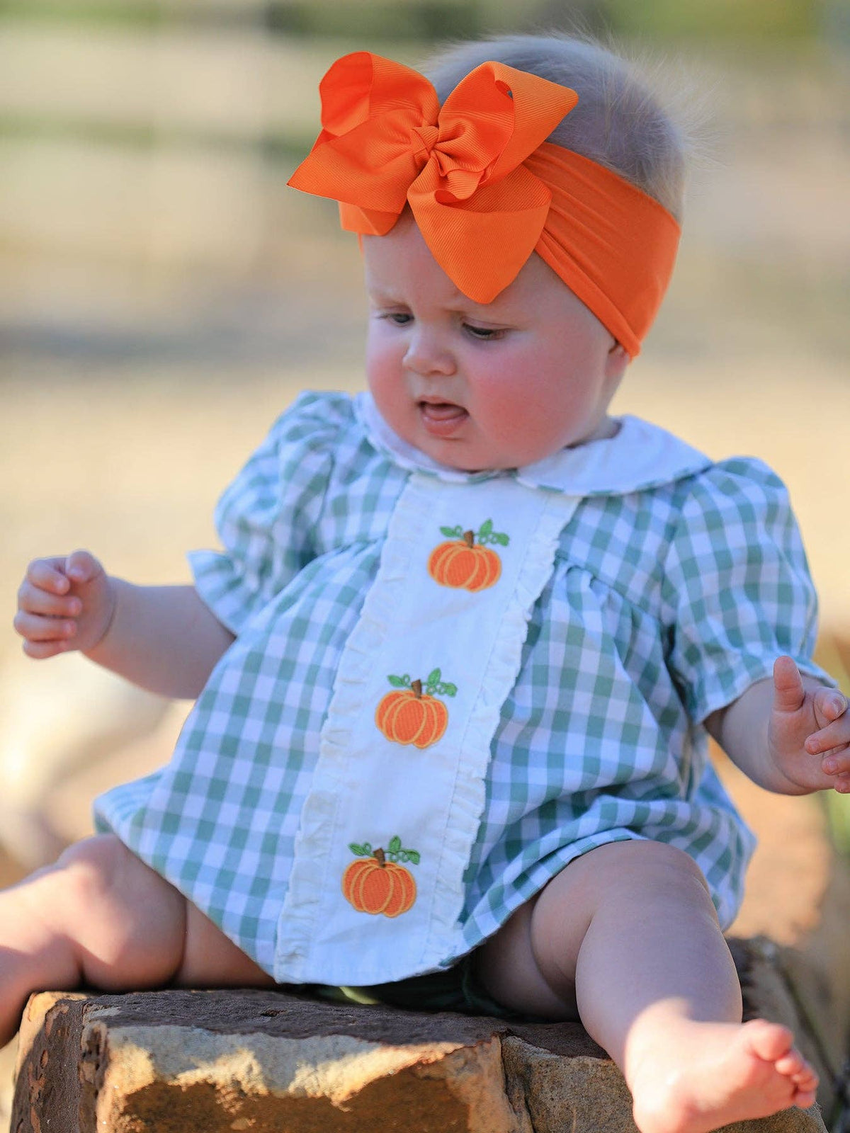 Fall Halloween & Thanksgiving Applique Plaid Girls Bloomers Romper Set: 12M